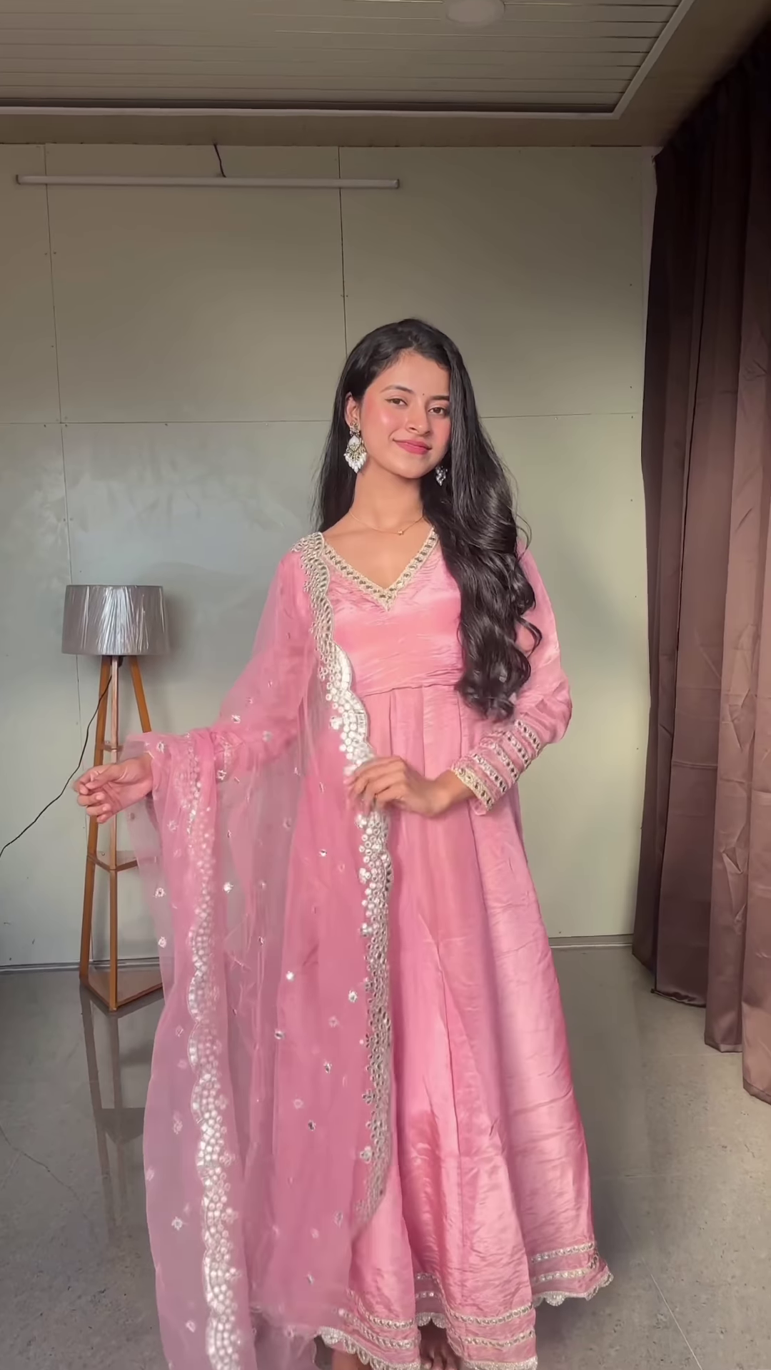Blush Pink Silk Anarkali Suit with Mirror-Work Dupatta – Elegant Festive Wear - Image 2
