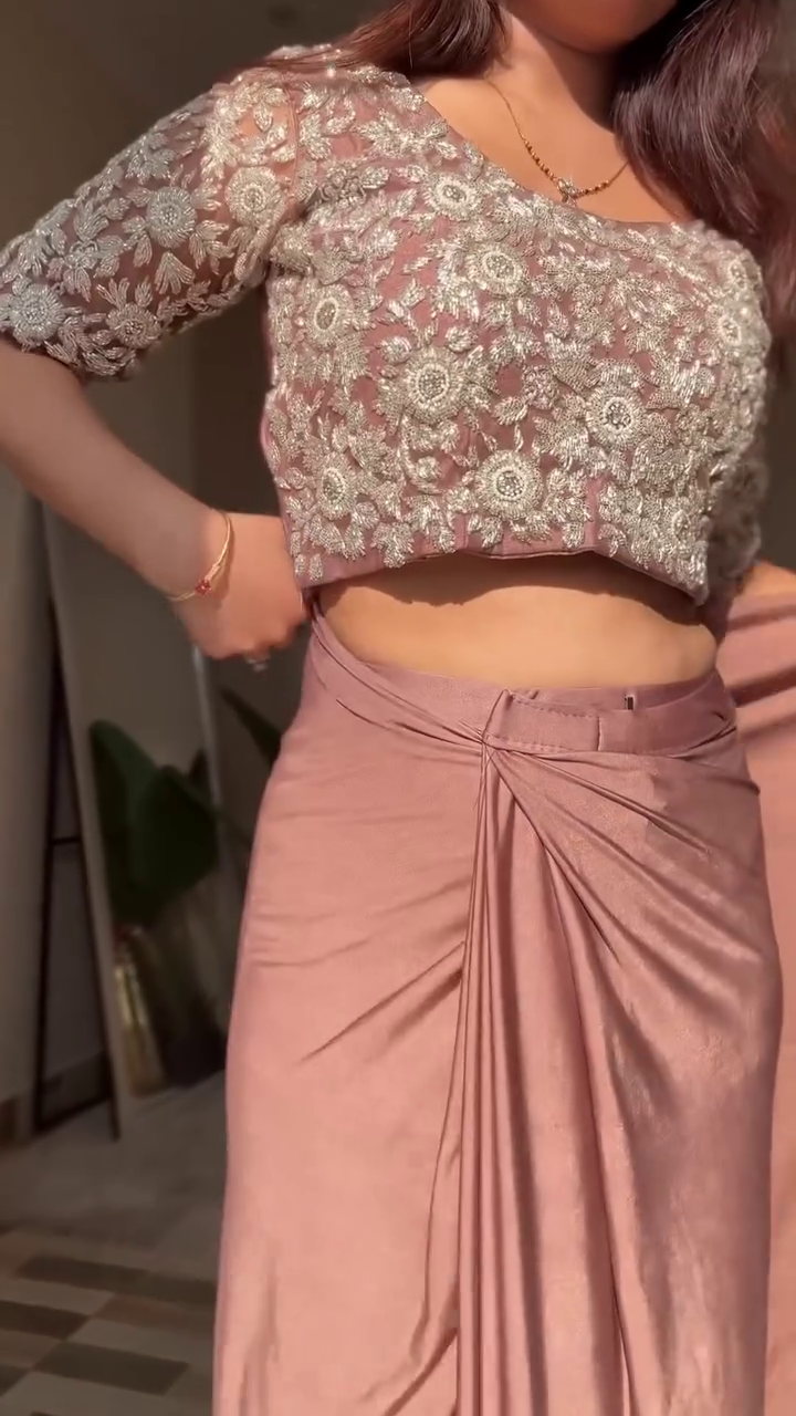 Dusty Rose Ready-to-Wear Drape Saree with Heavy Embroidered Blouse – Premium Party & Wedding Wear - Image 2