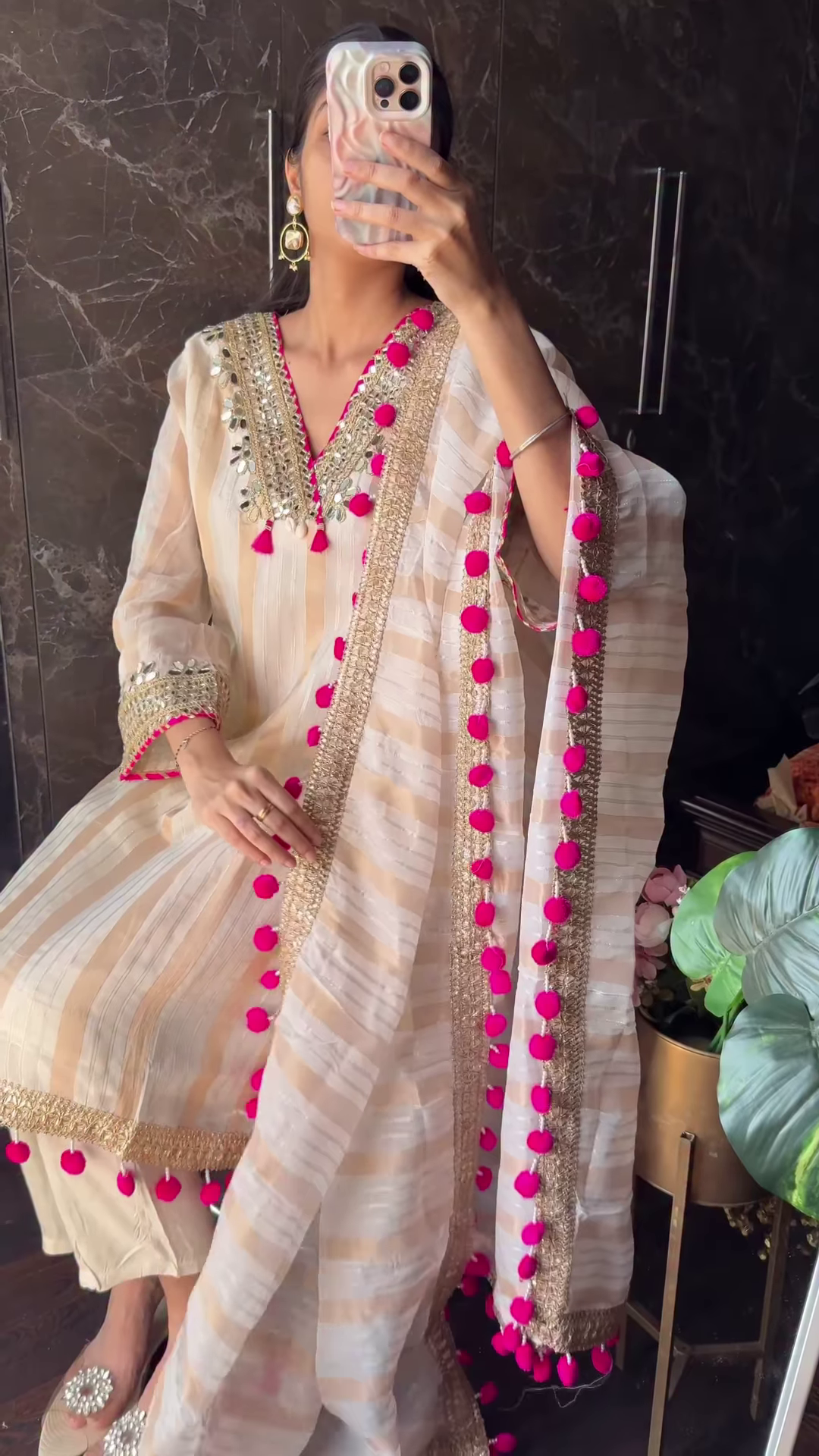 Cream & Gold Striped Mirror-Work Suit Set with Pink Pom-Pom Dupatta