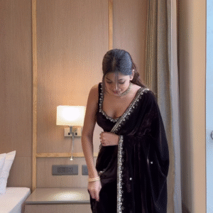 Premium Black Velvet Saree with Hand-Embroidered Silver Border