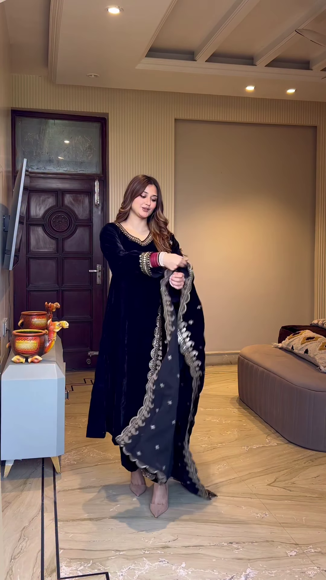 Luxury Black Velvet Embroidered Suit Set with Antique Golden Detailing - Image 2