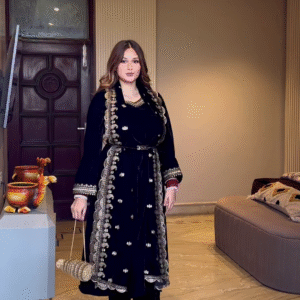 Luxury Black Velvet Embroidered Suit Set with Antique Golden Detailing