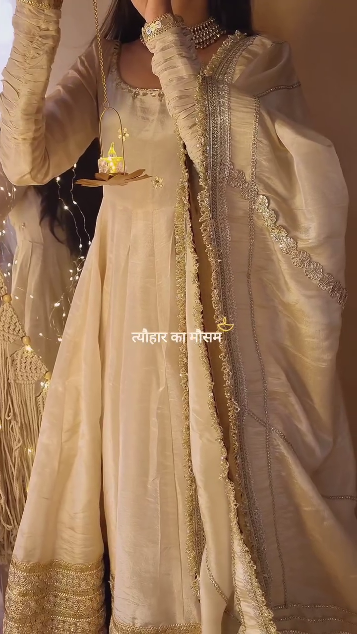 Elegant Gold-Beige Festive Silk Anarkali Suit with Heavy Zari Embroidered Dupatta