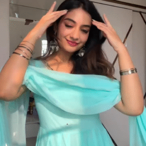 Aqua Blue Off-Shoulder Flowy Anarkali Suit with Matching Dupatta