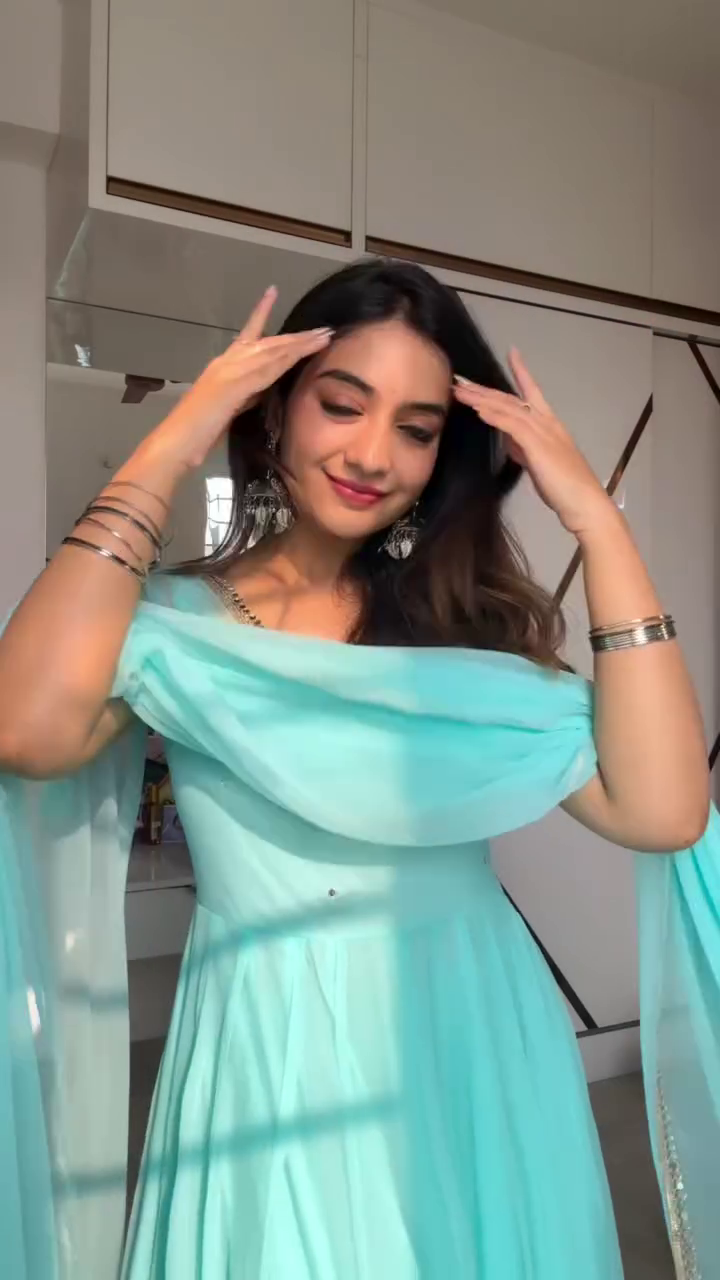 Aqua Blue Off-Shoulder Flowy Anarkali Suit with Matching Dupatta