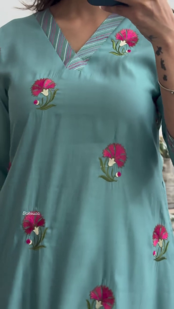 Teal Blue Floral Embroidered Straight Kurti with Striped V-Neck Detailing - Image 2