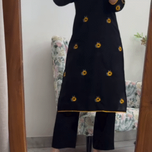 Black Sunflower Embroidered Straight Kurti with Matching Pants