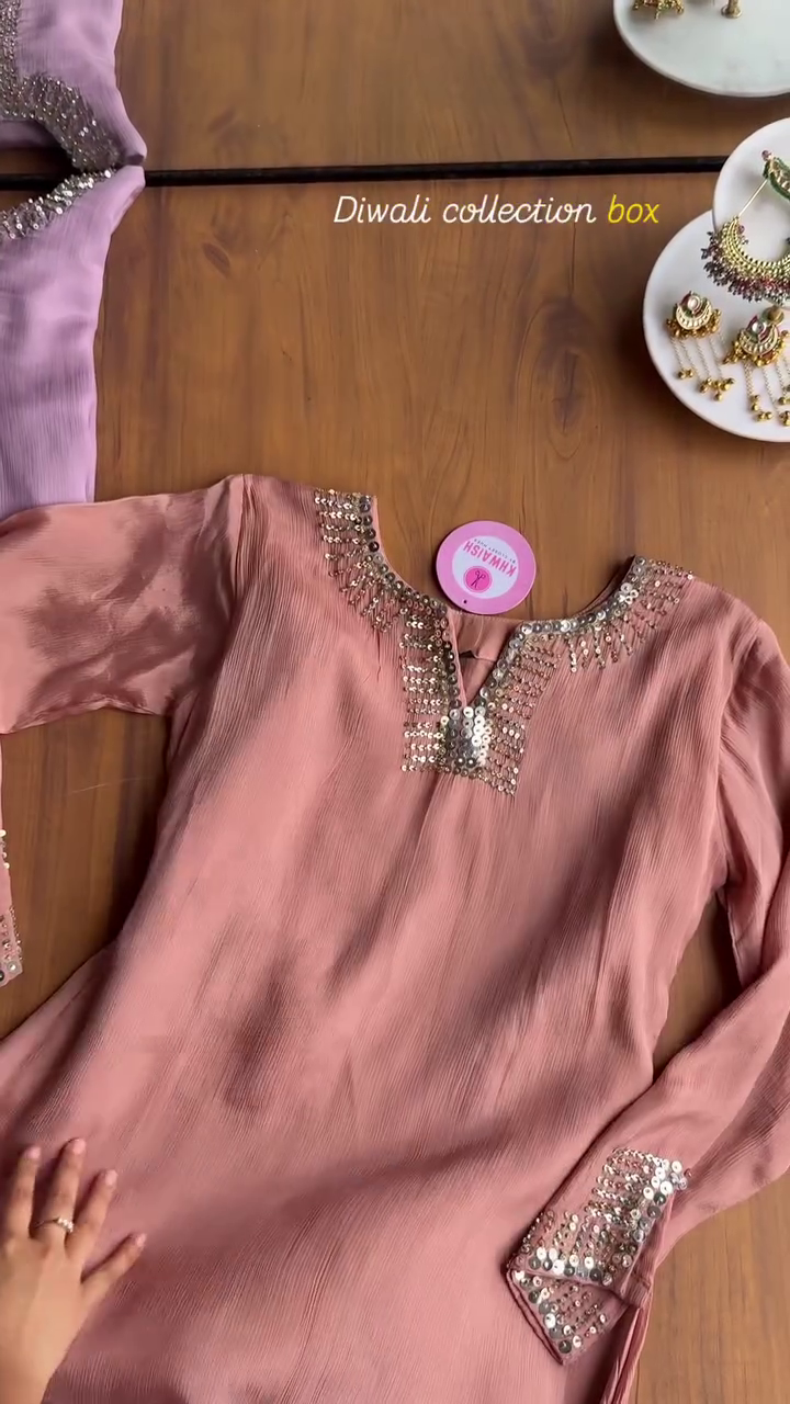 Blush Pink Crushed Silk Kurta with Sequins Handwork Detailing