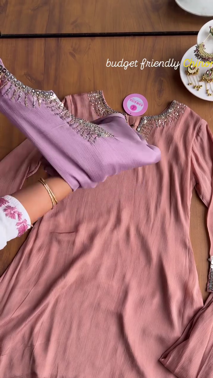 Blush Pink Crushed Silk Kurta with Sequins Handwork Detailing - Image 2