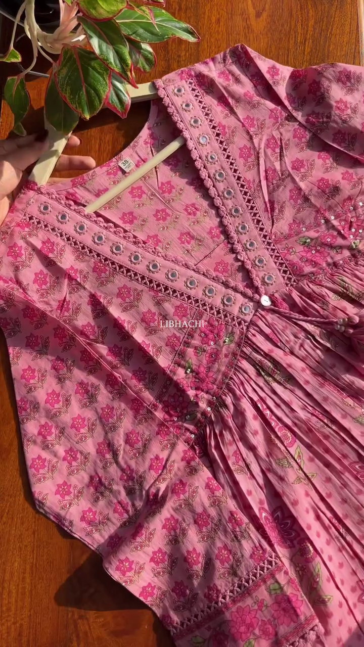 Pink Floral Mirror-Work Printed Kurti with Tassel Detailing – Soft Everyday Wear