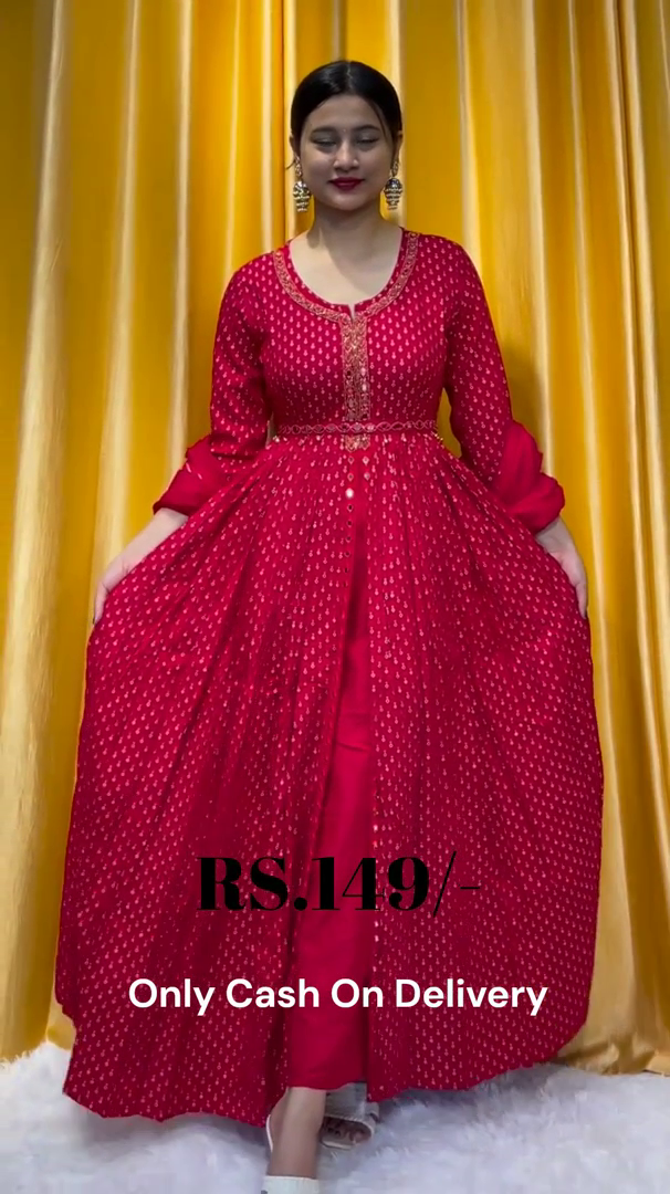 Crimson Polka-Dot Anarkali Gown with Embroidered Cinched Waist
