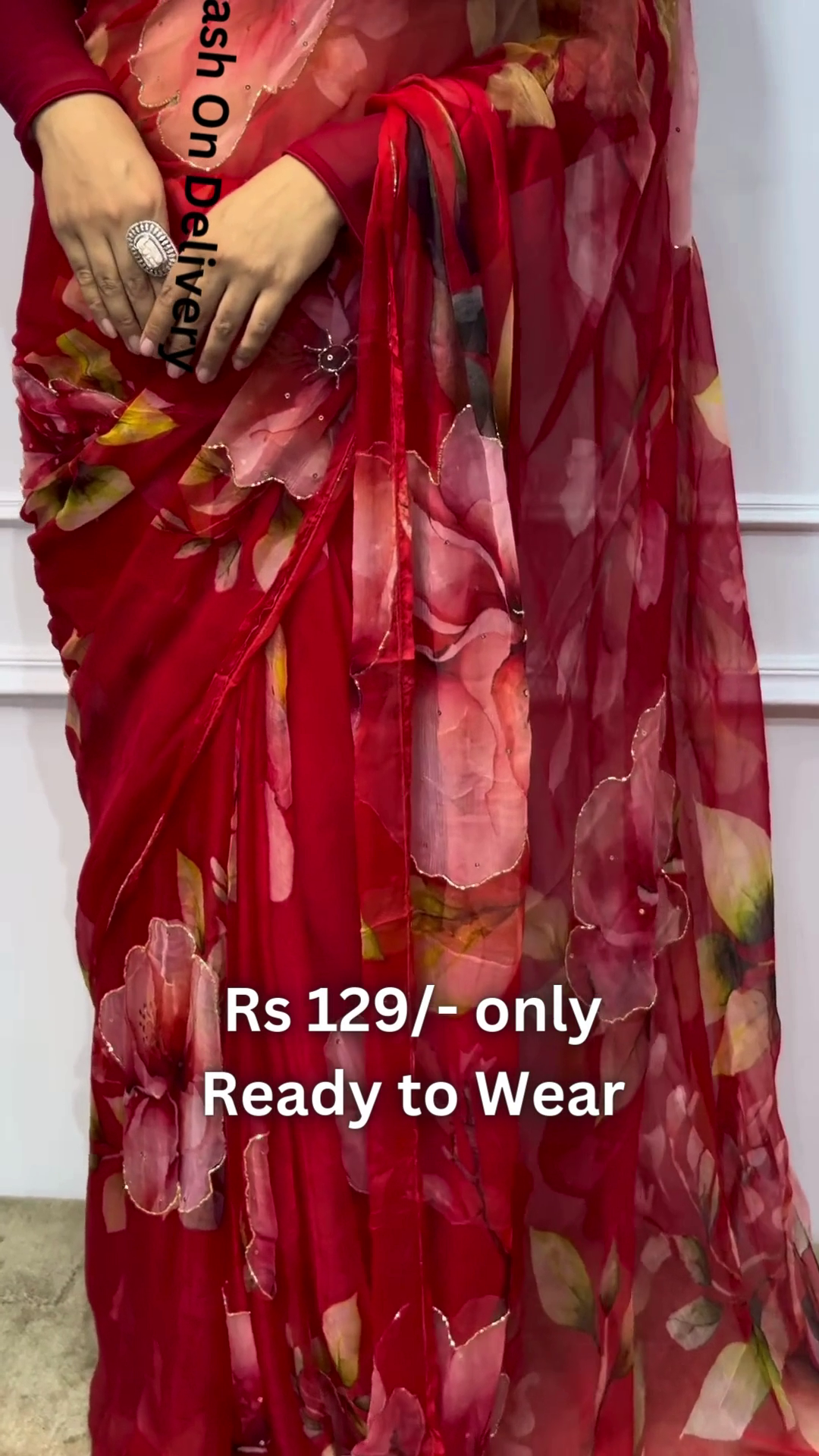 Crimson Bloom Chiffon Saree with Scalloped Gilded Border - Image 2