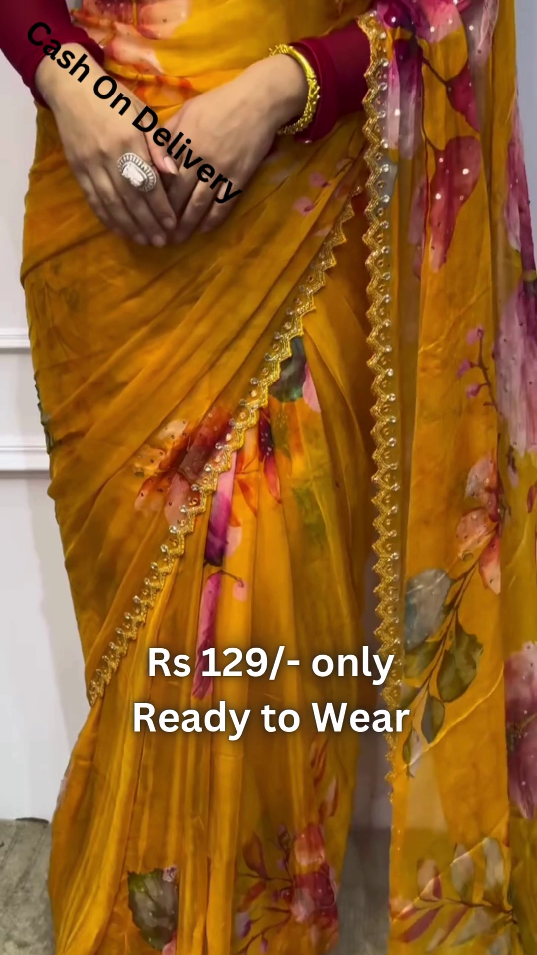 Golden Ochre Chiffon Saree with Painterly Floral Blooms - Image 2