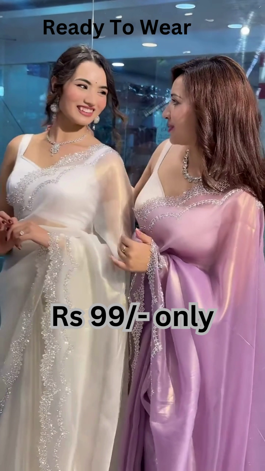 Luminous Organza Saree with Scalloped Shimmer Borders - Image 2