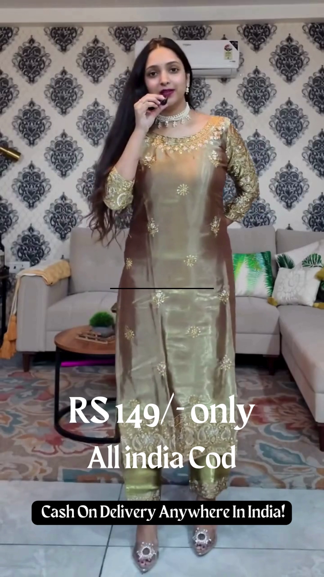 Golden Sage Silk Suit with Zardozi Embroidery