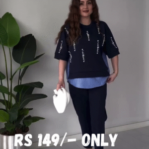 Chic Navy Blue Pearl-Embellished Layered Top – Trendy & Elegant