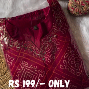 Maroon Bandhani Print Long Kurta with Golden Embellishments