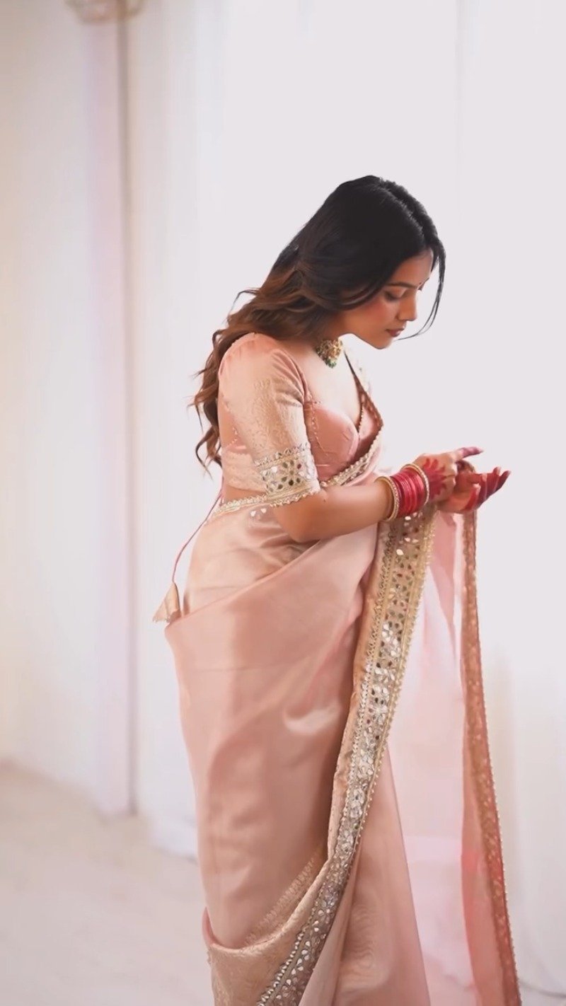Pastel Peach Mirror-Work Silk Saree with Elegant V-Neck Blouse - Image 3