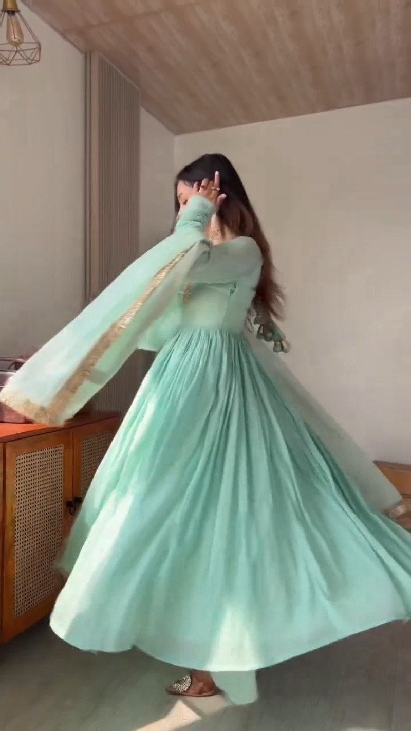 Ethereal Mint Green Embroidered Anarkali Set with Shimmering Dupatta - Image 5