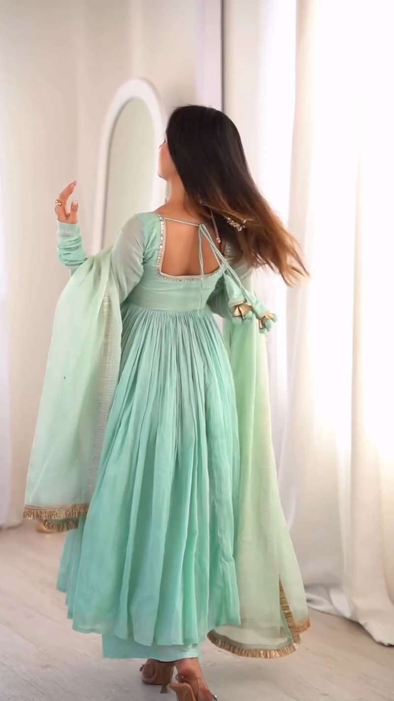 Ethereal Mint Green Embroidered Anarkali Set with Shimmering Dupatta - Image 4