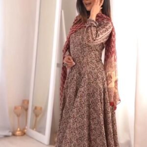 Elegant Floral Print Anarkali Kurta Set with Dupatta β Available in Deep Plum & Midnight Blue