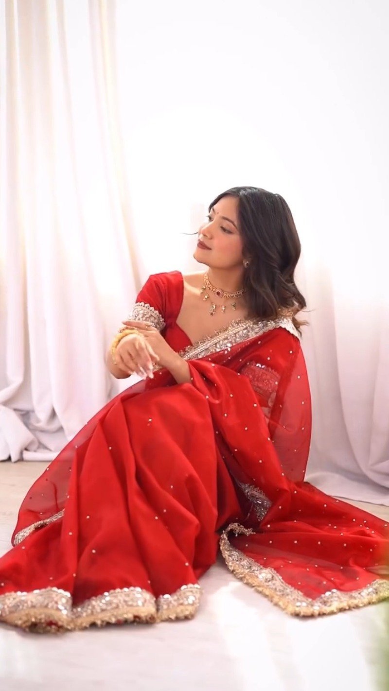 Scarlet Radiance Embellished Net Saree – A Masterpiece of Traditional Elegance