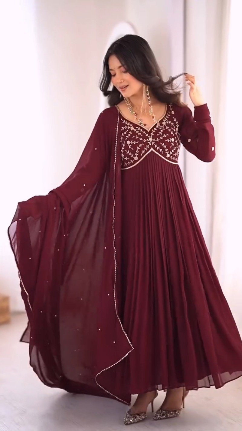Royal Maroon Pleated Anarkali Suit with Embroidered Yoke & Delicate Detailing - Image 5