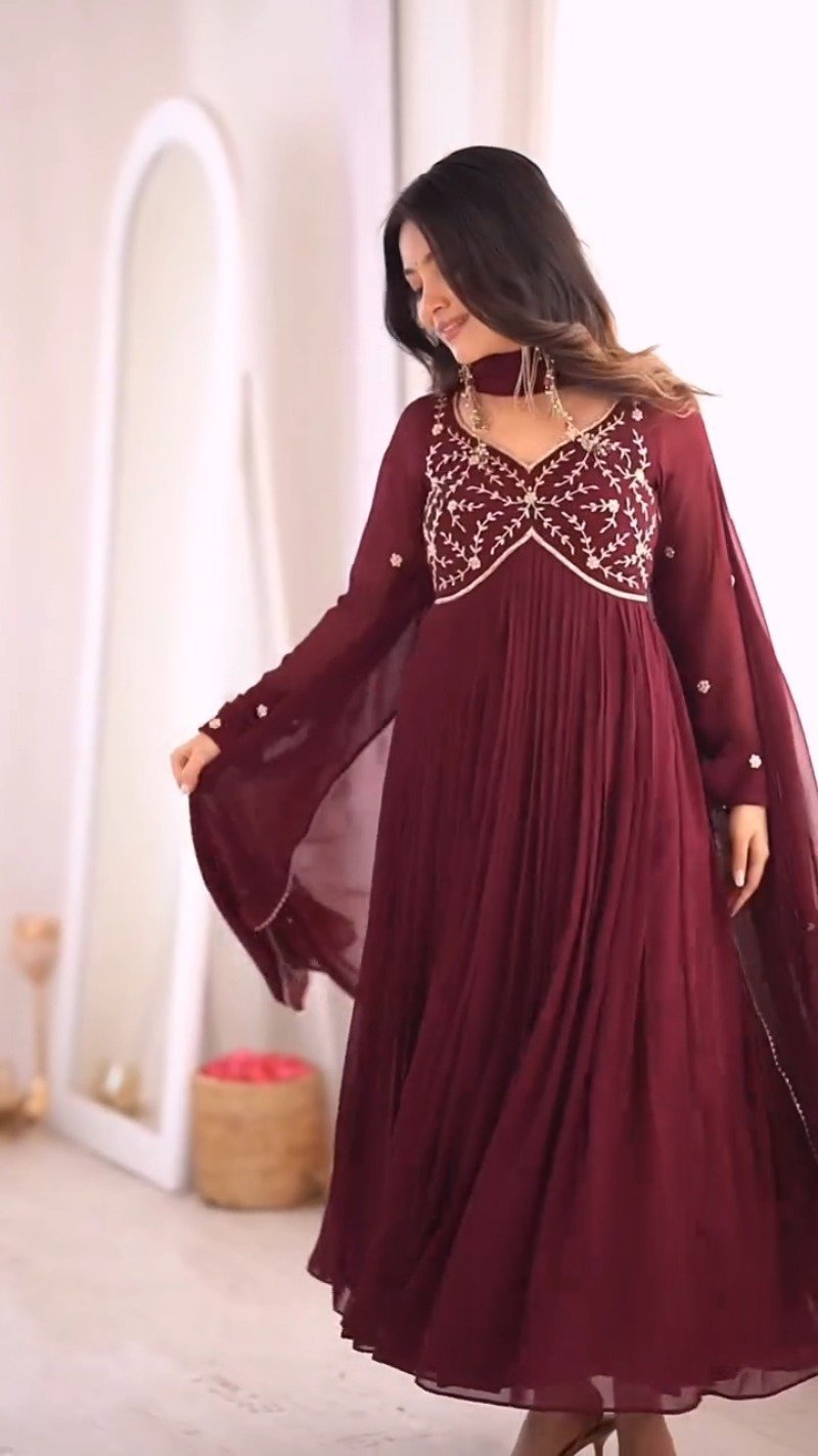 Royal Maroon Pleated Anarkali Suit with Embroidered Yoke & Delicate Detailing