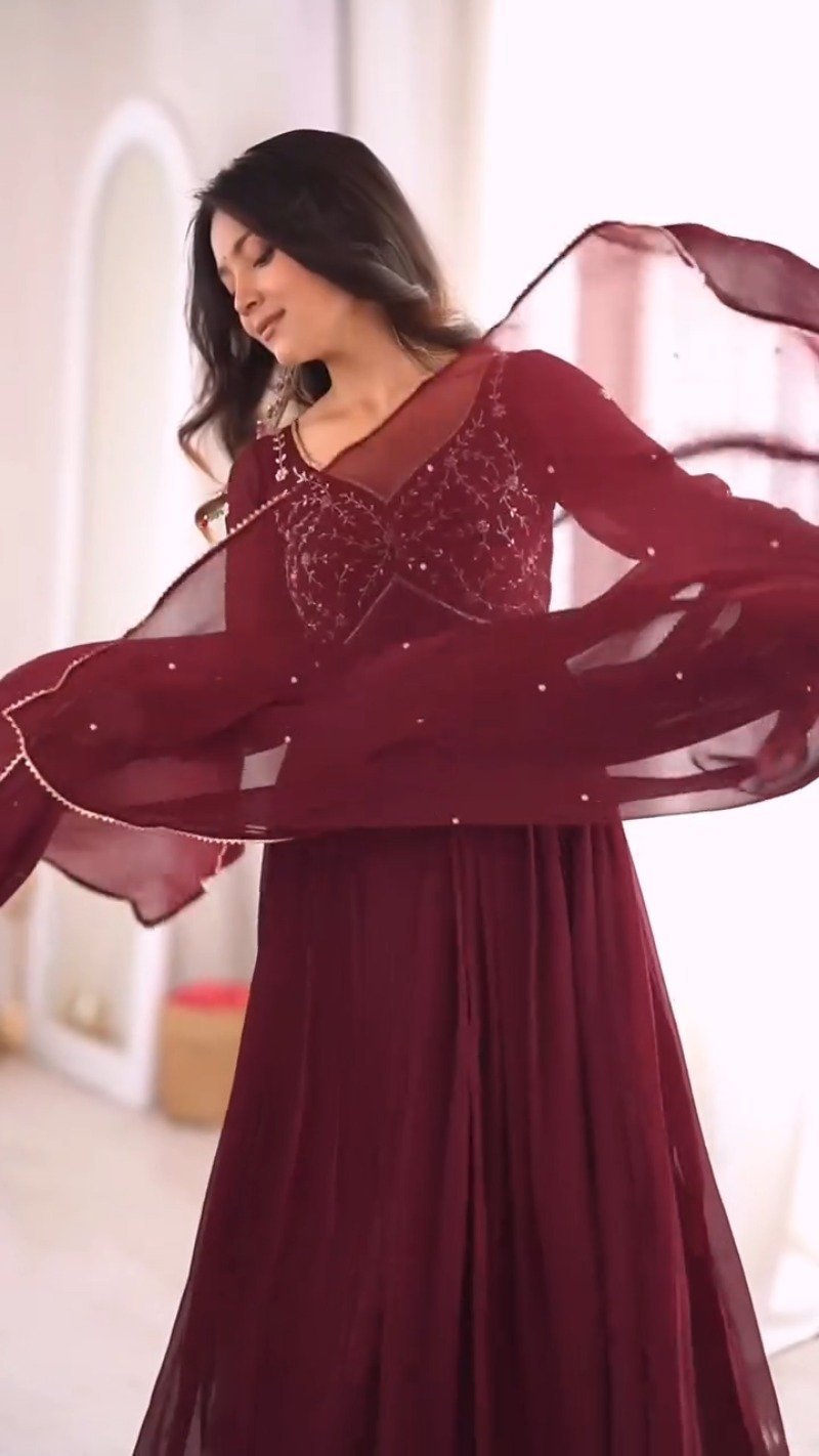 Royal Maroon Pleated Anarkali Suit with Embroidered Yoke & Delicate Detailing - Image 4