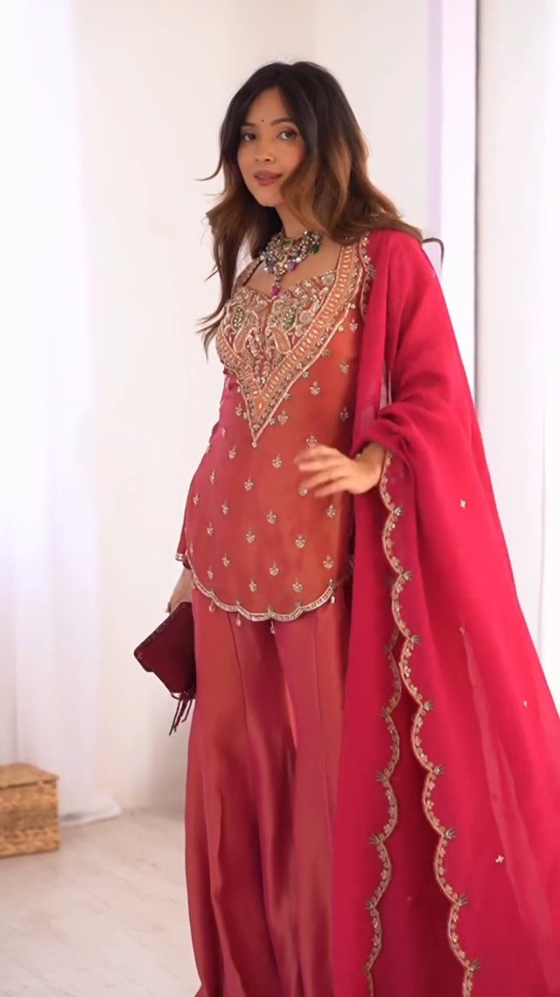 Scarlet Radiance Embroidered Sharara Set with Scalloped Dupatta - Image 4
