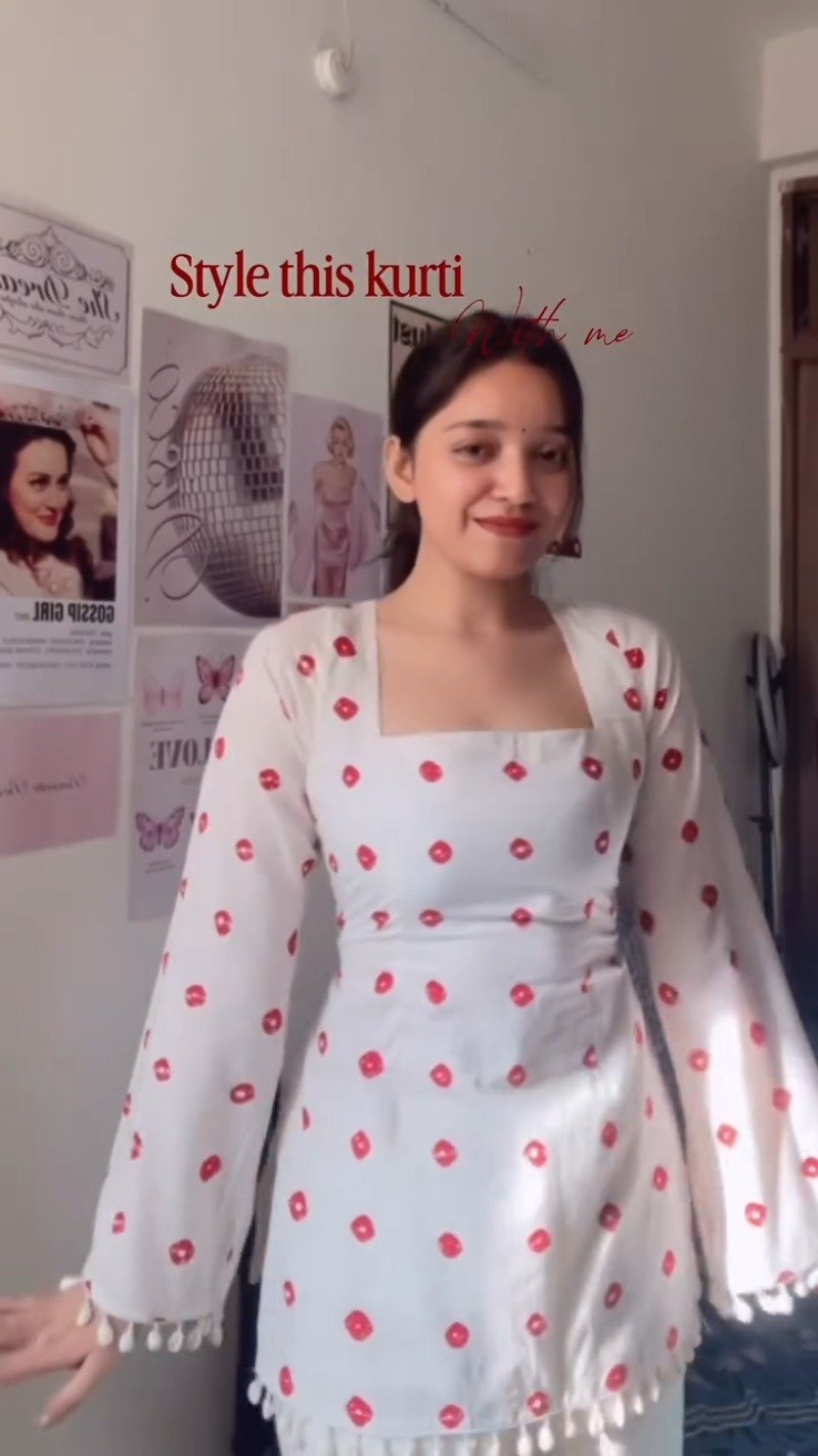 Chic White & Red Polka Dot Tassel Kurta Set