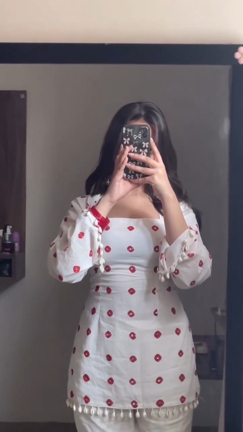Chic White & Red Polka Dot Tassel Kurta Set - Image 3