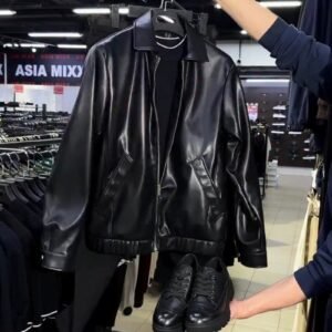 Modern Urban Aesthetic Leather Jacket and Trousers Ensemble