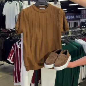 Urban Sophisticate Ribbed Knit Tee & Chino Set – Earthy Brown & Crisp White