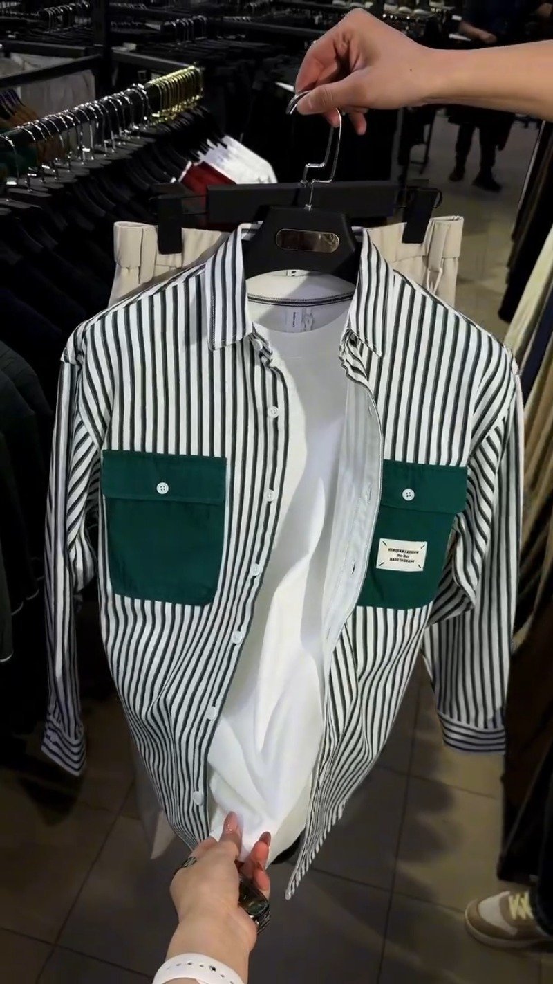 Urban Chic Striped Button-Down Shirt and Trouser Ensemble - Image 2