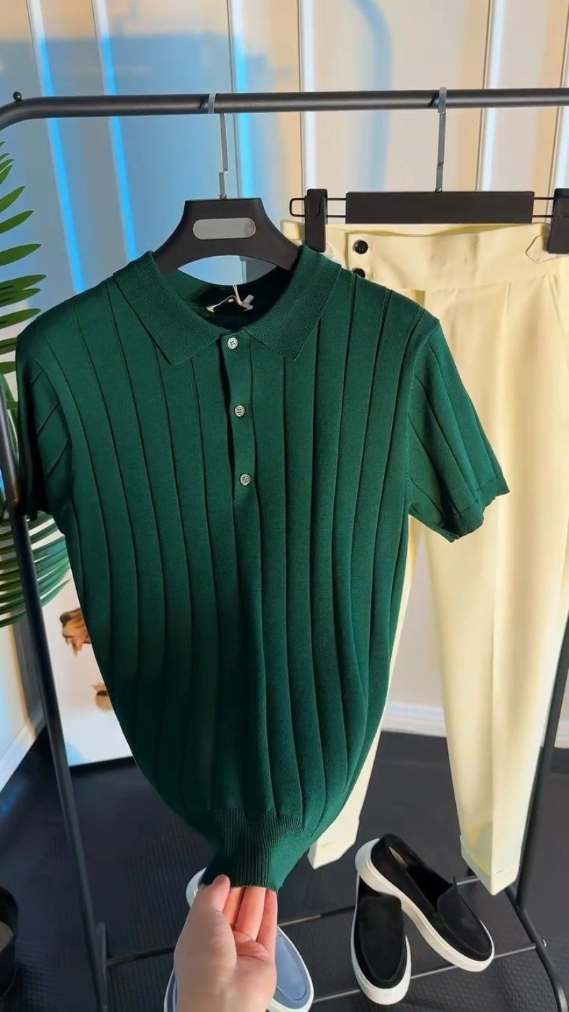 Verdant Forest Ribbed Knit Polo Shirt - Image 2