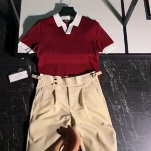 Modern Minimalist Polo-Style Co-ord Set in Deep Burgundy & Beige – Available in Burgundy & Beige