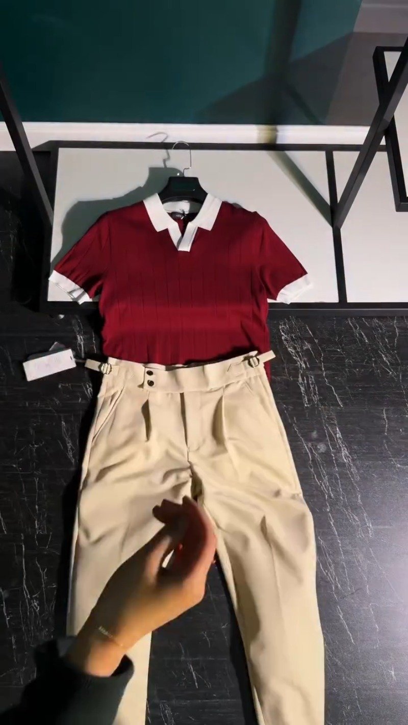 Modern Minimalist Polo-Style Co-ord Set in Deep Burgundy & Beige – Available in Burgundy & Beige