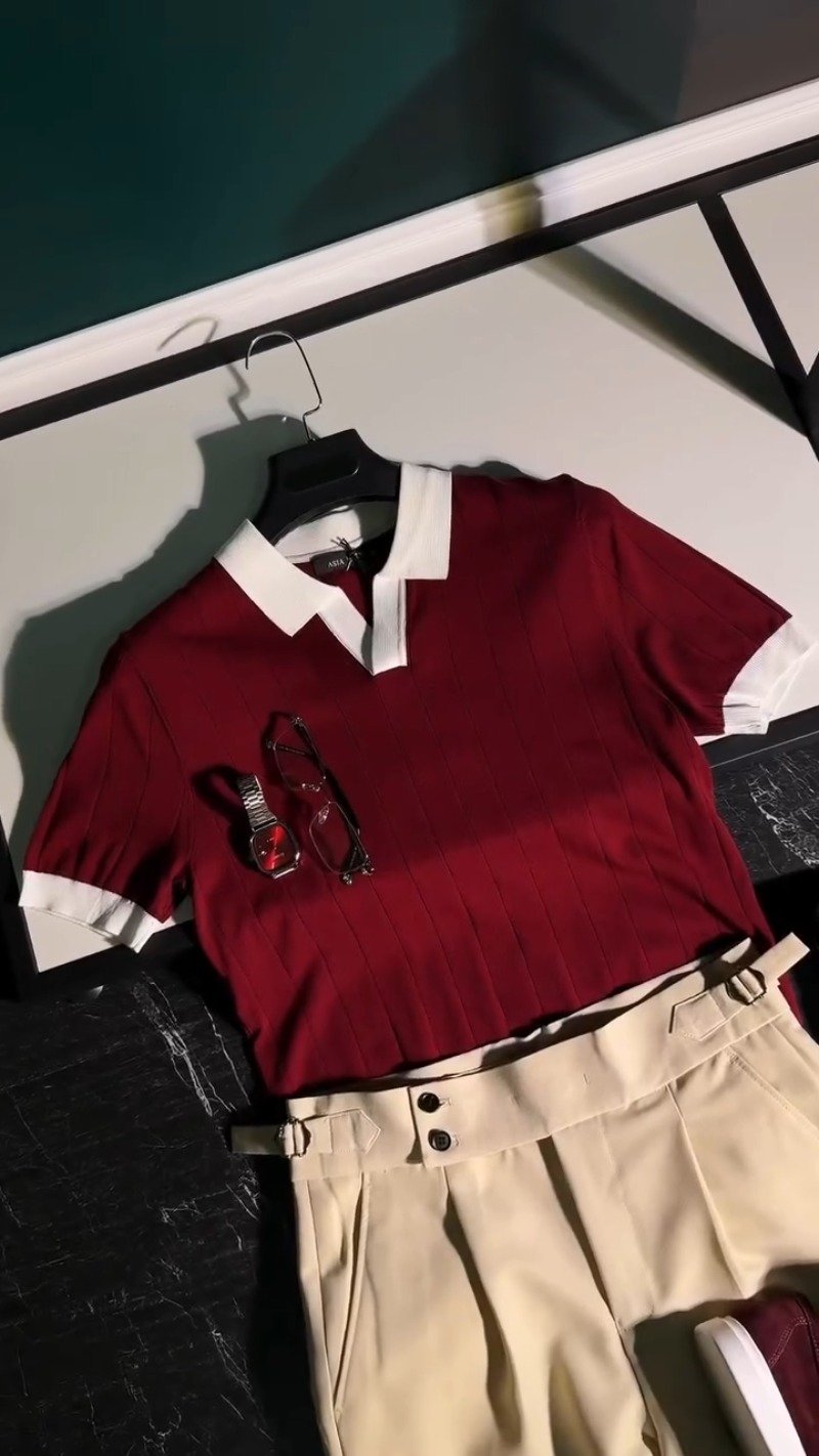 Modern Minimalist Polo-Style Co-ord Set in Deep Burgundy & Beige – Available in Burgundy & Beige - Image 2