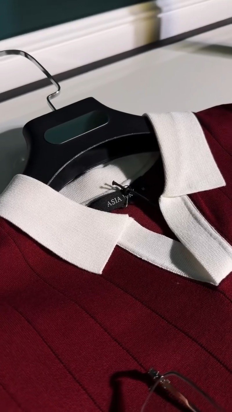 Modern Minimalist Polo-Style Co-ord Set in Deep Burgundy & Beige – Available in Burgundy & Beige - Image 4