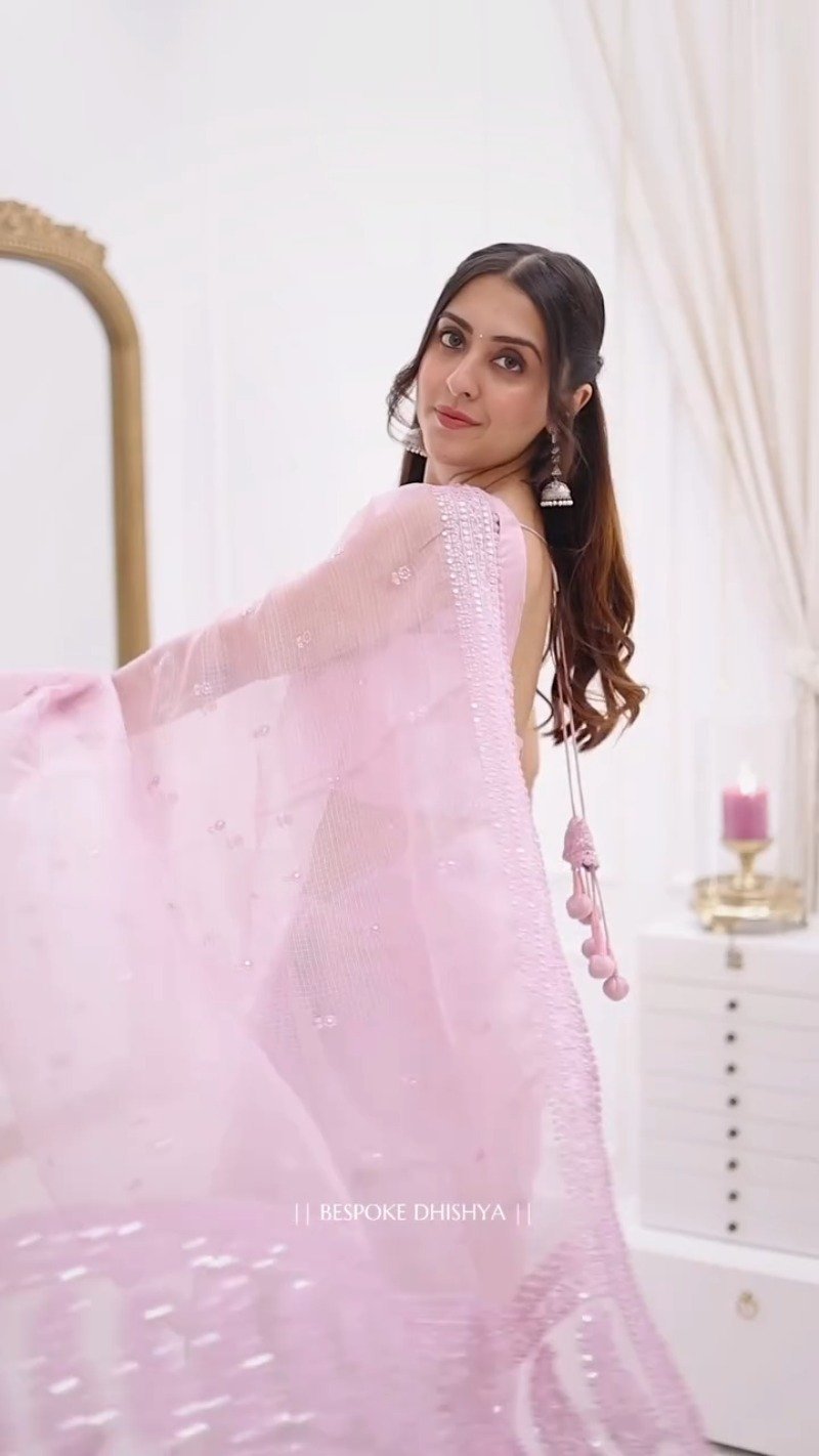 Ethereal Pastel Pink Organza Embellished Saree with Scalloped Border - Image 3