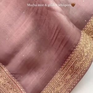 Mocha Mist Embellished Silk Saree with Antique Gold Border