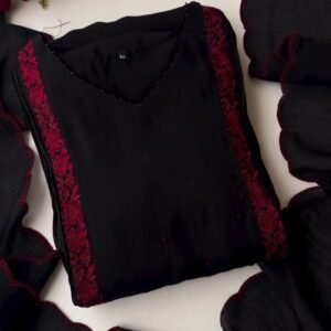 Midnight Noir Embroidered Kurta Set with Scalloped Dupatta
