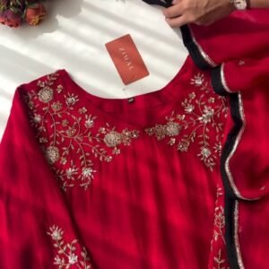 Crimson Bloom Embroidered Kurta Set with Scalloped Dupatta