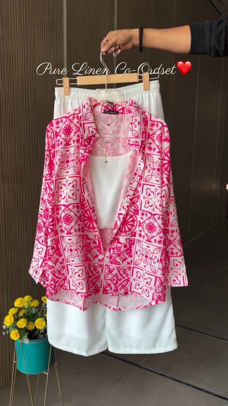 Mediterranean Tile Print Pure Linen Co-Ord Set – Available in Vibrant Pink & Royal Blue