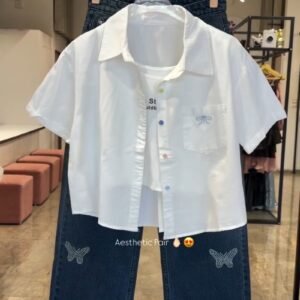 Chic Butterfly & Rhinestone Embellished Denim Co-ord Set – Available in White, Mint, Sky Blue & Lilac