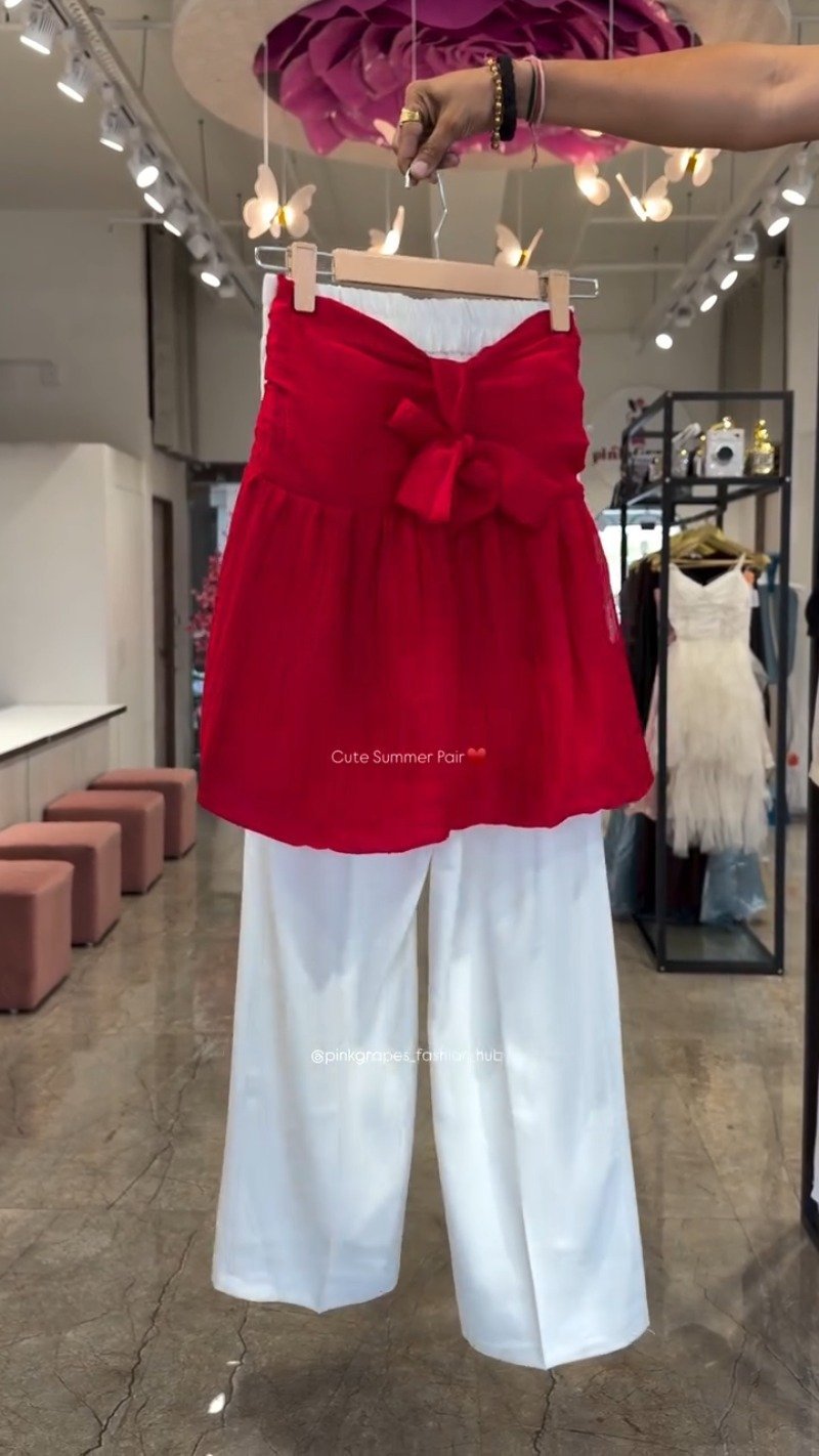 Chic Bow-Front Peplum Top & Palazzo Set – Available in Red, Yellow, Magenta & Olive Green