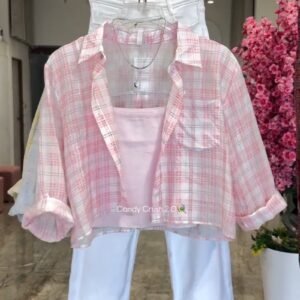 Pastel Plaid Layered Coord Set with White Trousers – Available in Pink, Blue, Yellow & Mint