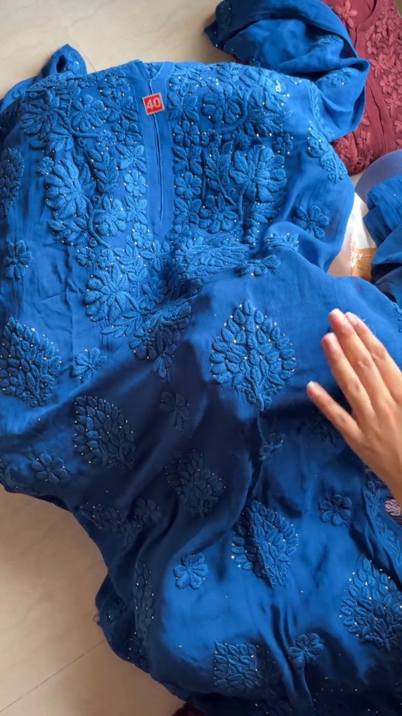 Exquisite Lucknowi Chikankari Embellished Kurta Set – Available in Royal Blue & Deep Maroon - Image 3