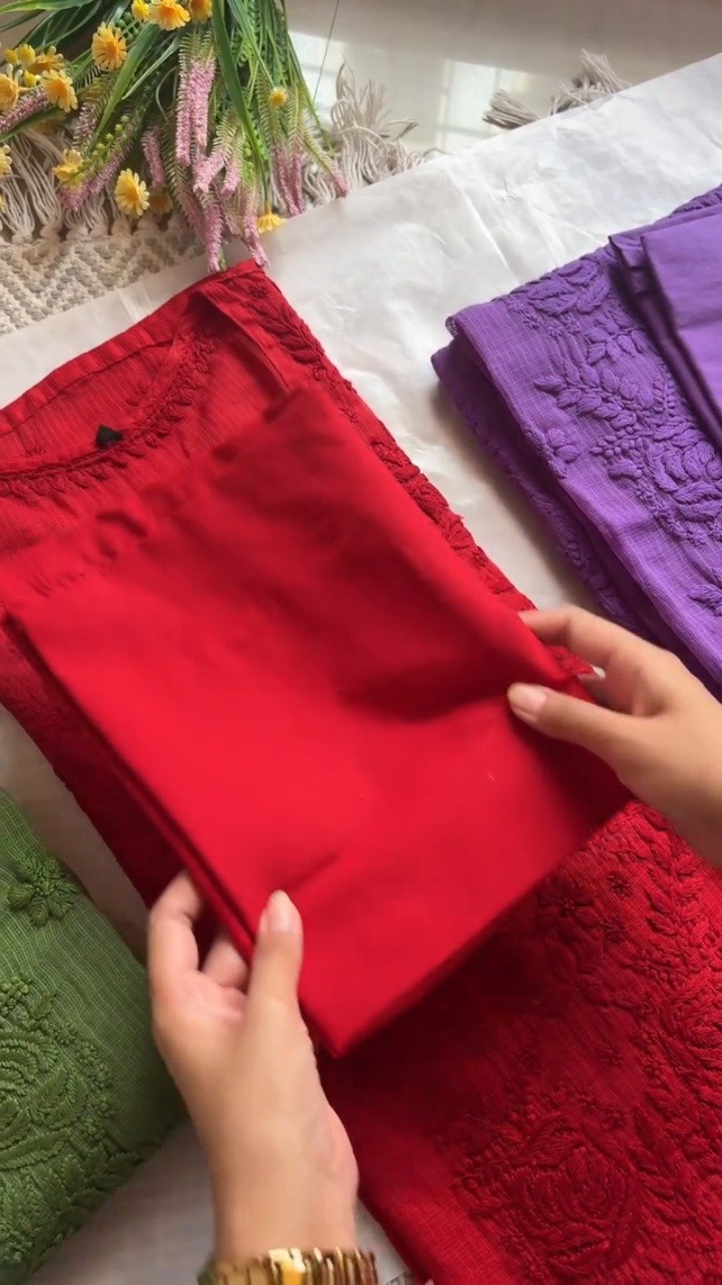 Exquisite Floral Threadwork Kurta Set with Matching Bottoms – Available in Sage Green, Crimson Red & Royal Purple - Image 3